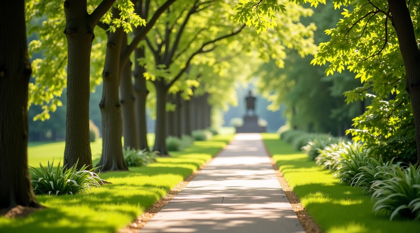 Scenic arboretum walking trail with sculptures and mature trees