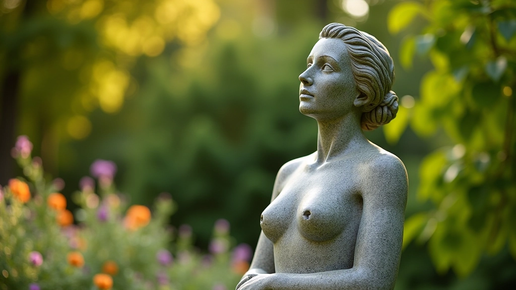 Modern stone sculpture installed among flowering trees and garden landscaping