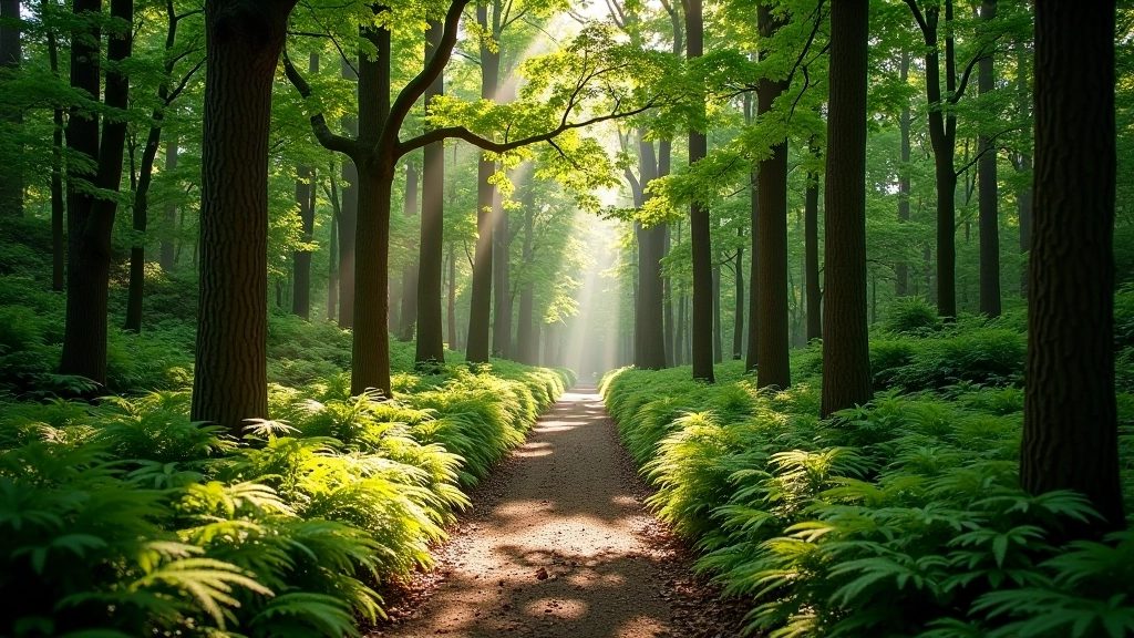Shaded woodland path with natural ground cover and filtered sunlight through tree canopy