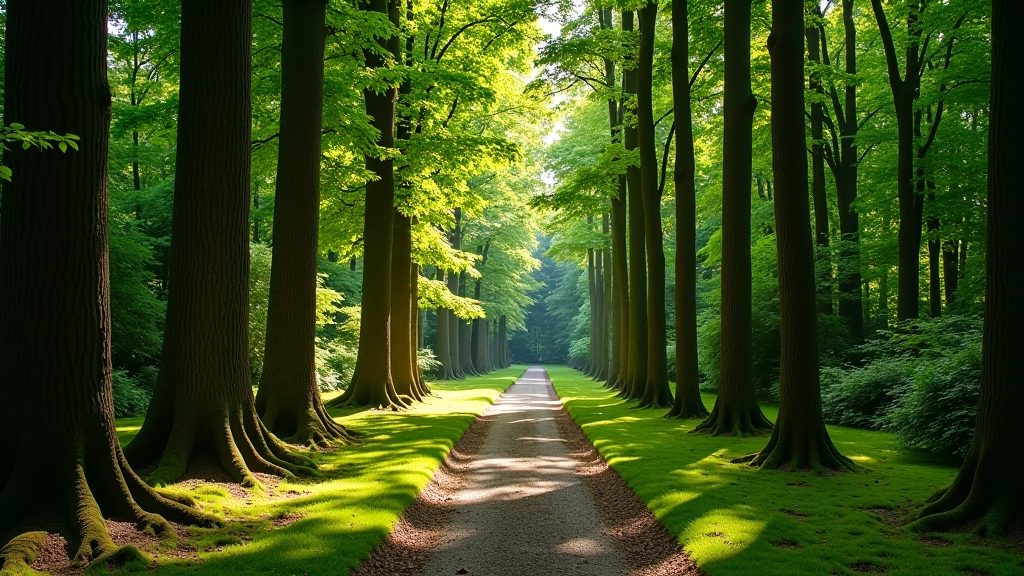 Dense forest path with towering trees creating natural canopy overhead