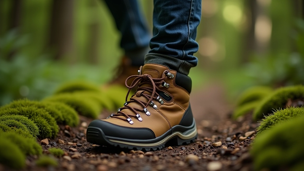 Close-up of hiking boot laced securely on a forest trail with moss and natural ground