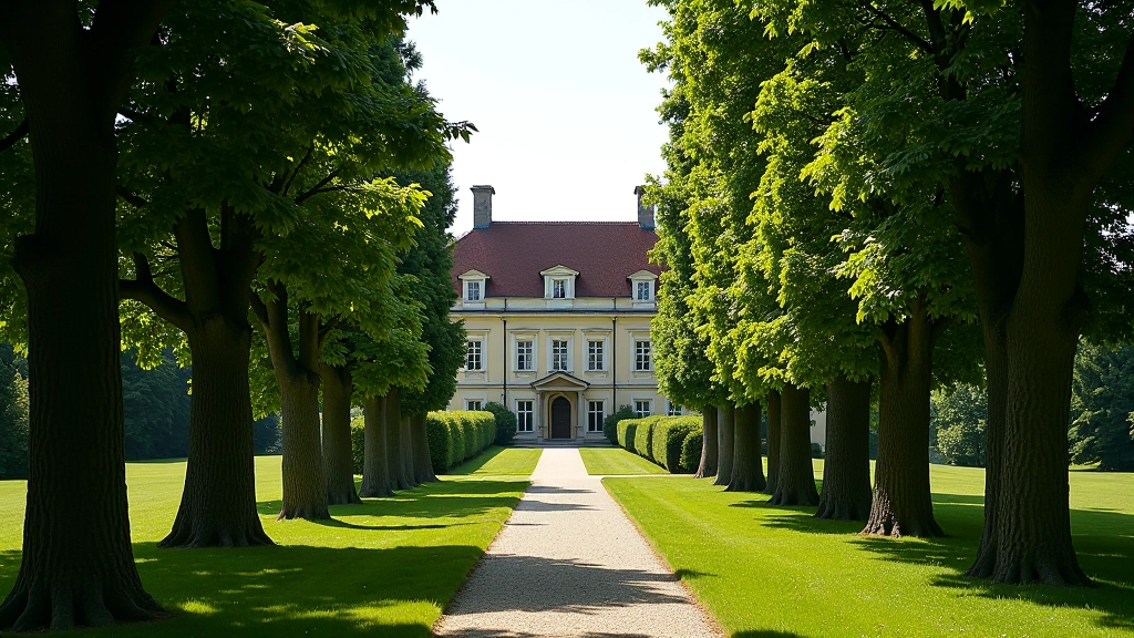 Historic manor house surrounded by mature specimen trees in formal arboretum layout