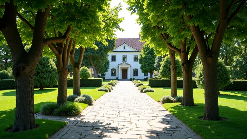 Manor house entrance with formal pathways and specimen trees lining the approach