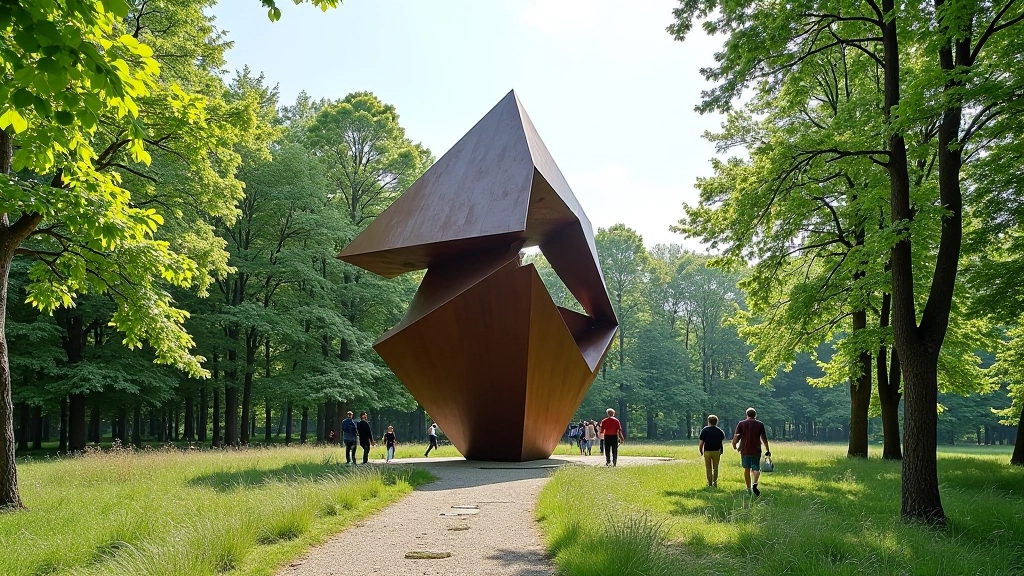 Geometric abstract sculpture with angular metal forms in forest clearing, visitors walking nearby for scale