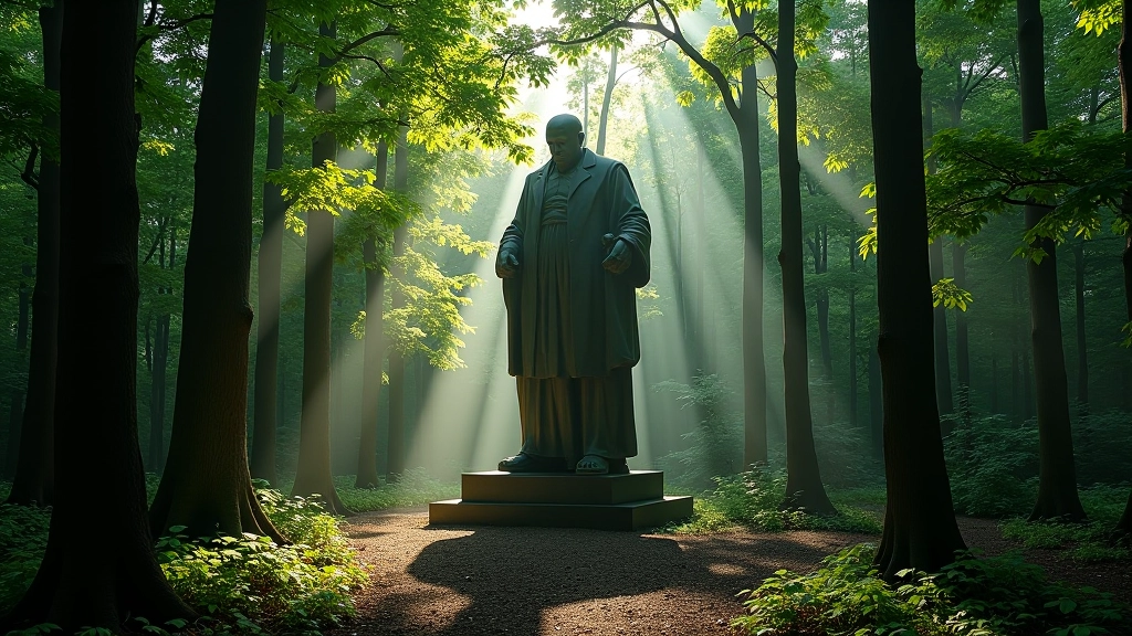 Large monumental sculpture within dense forest with tall trees and natural woodland setting, dappled light through canopy