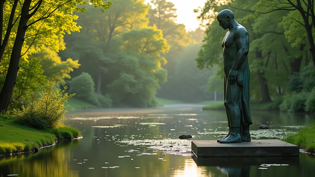 Contemporary sculpture positioned beside calm pond water with tree reflections and natural forest surroundings