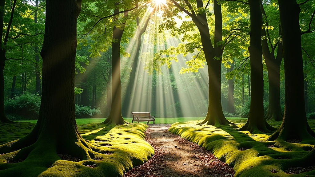 Peaceful woodland clearing with natural seating area and dappled sunlight creating calm atmosphere