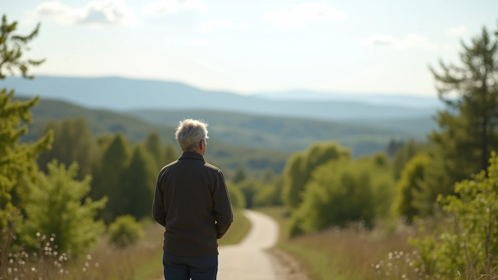 Person standing on elevated pathway with panoramic view of landscape and distant hills