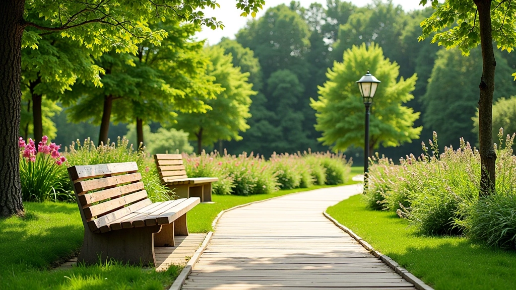 Rest area with wooden benches overlooking landscaped garden with flowering plants and pathways
