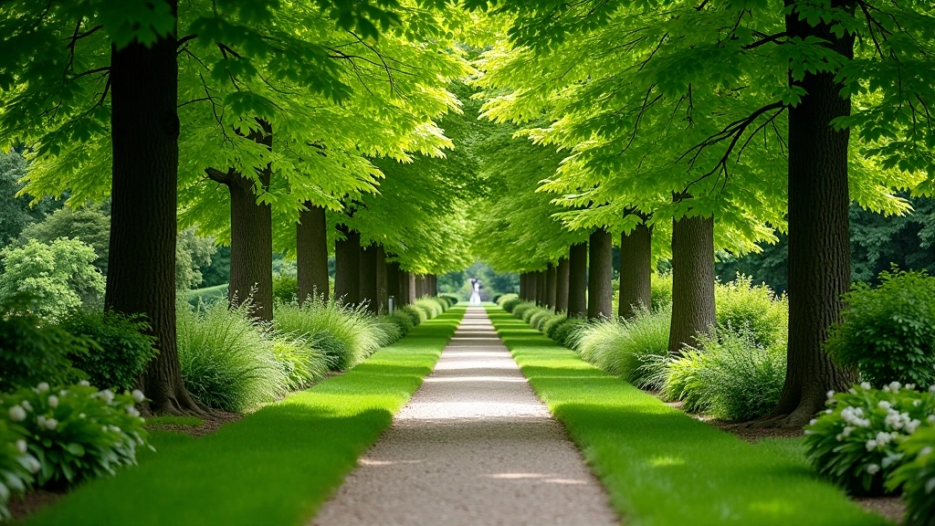 Tree-lined pathway through botanical gardens and manor grounds