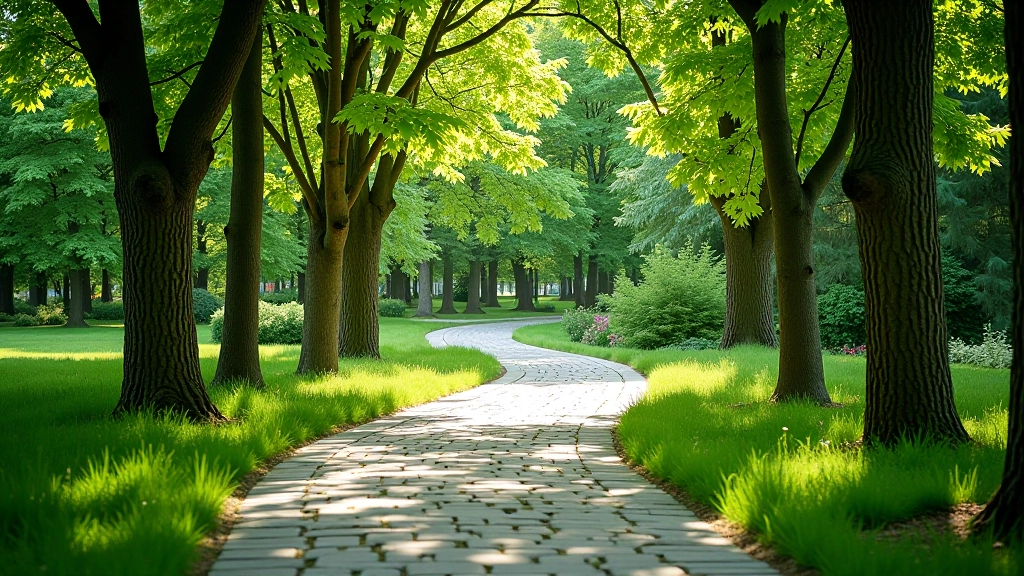 Stone pathway winding through mature trees with green canopy overhead creating natural shade