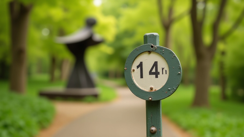 Trail distance marker showing kilometer point with sculpture park in soft focus background