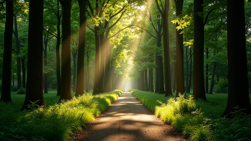 Forest path through arboretum