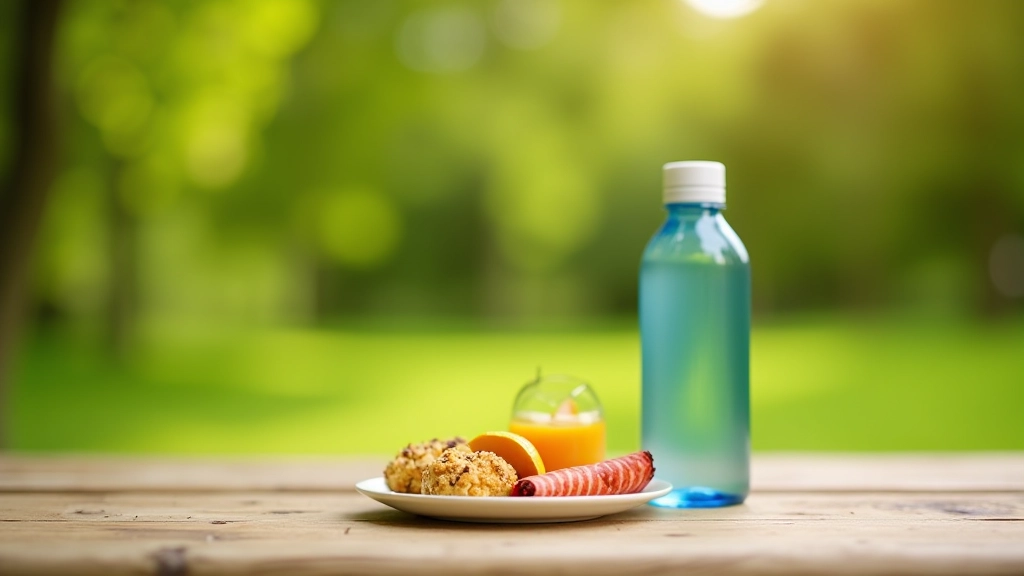 Water bottle and small snack on a wooden picnic table overlooking park grounds
