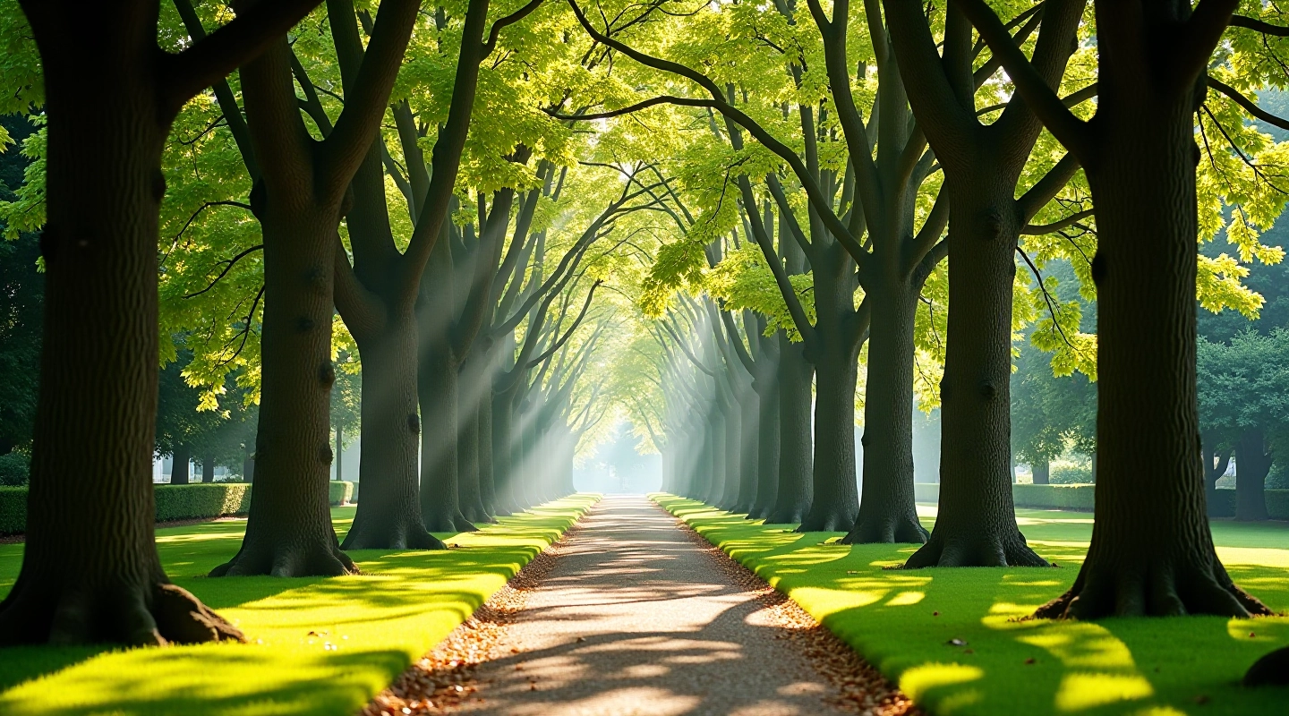 Mature specimen trees in botanical garden setting with dappled sunlight and walking path