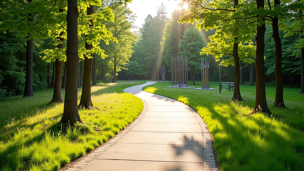 Paved pathway winding through Europos Parkas with contemporary metal sculpture visible in the distance and forest backdrop