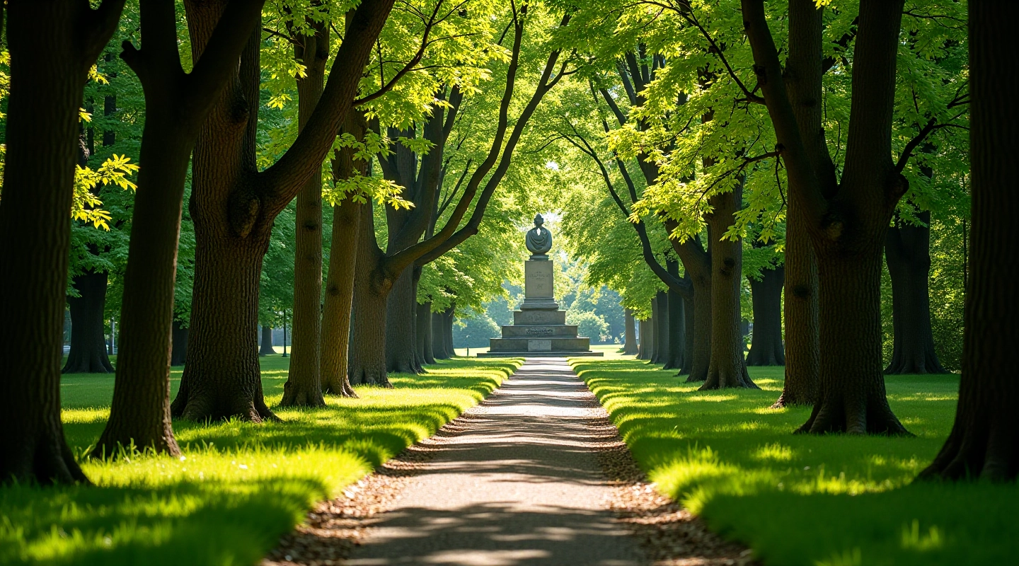Scenic arboretum pathway lined with mature trees and stone sculptures visible in the distance