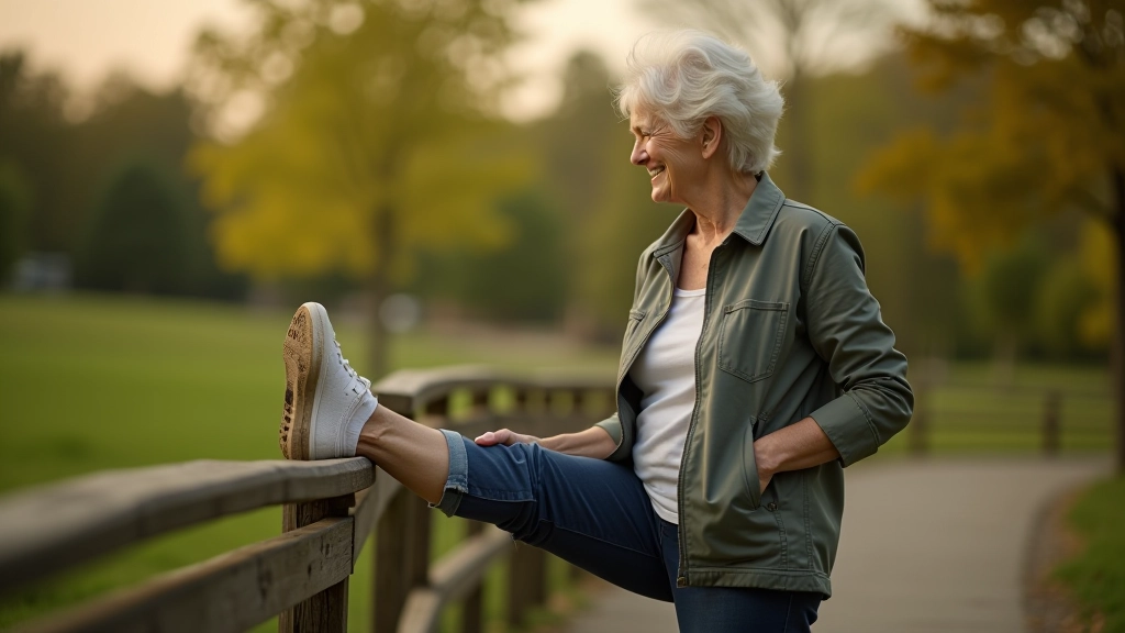 Woman stretching her calf muscle against a wooden railing on an outdoor path