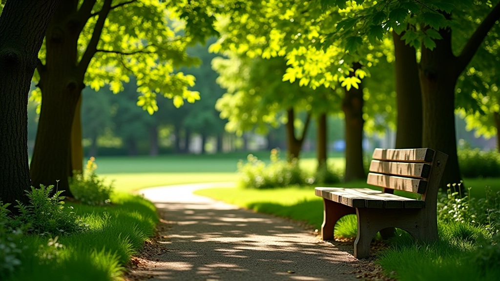 Peaceful arboretum bench with dappled shade from mature trees