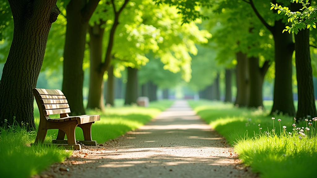 Wooden garden bench positioned on pathway with trees and dappled sunlight in background