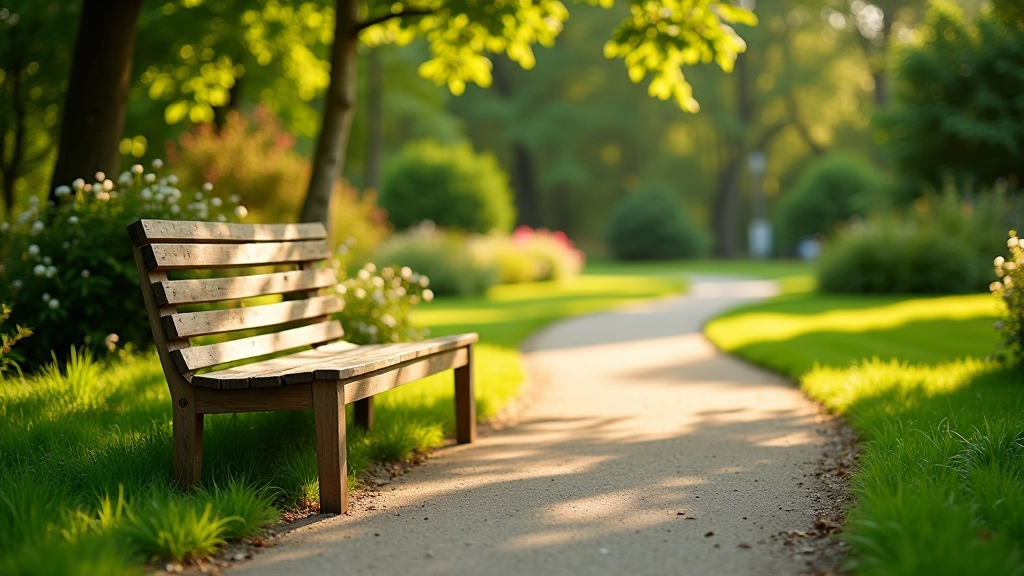 Wooden garden bench positioned on a peaceful walking pathway through landscaped gardens