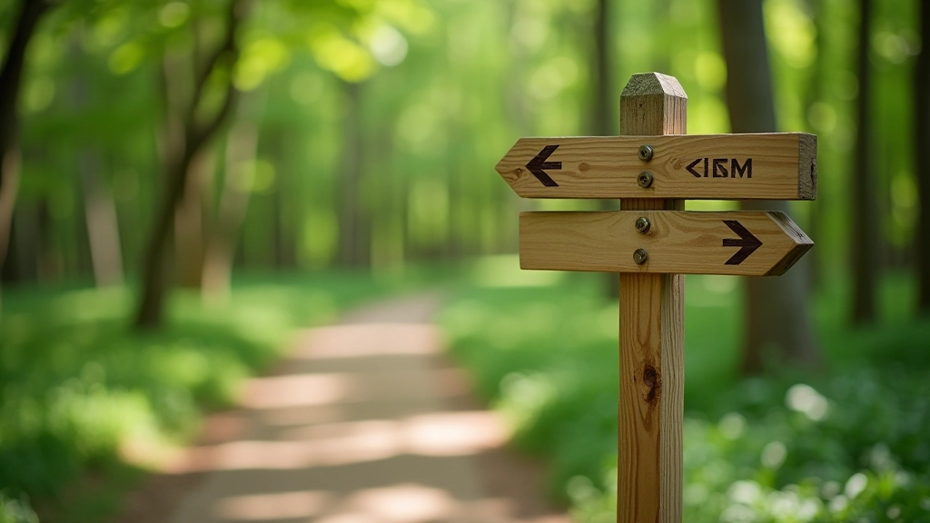 Wooden directional signpost on forest pathway with multiple walking trail indicators, natural forest surroundings