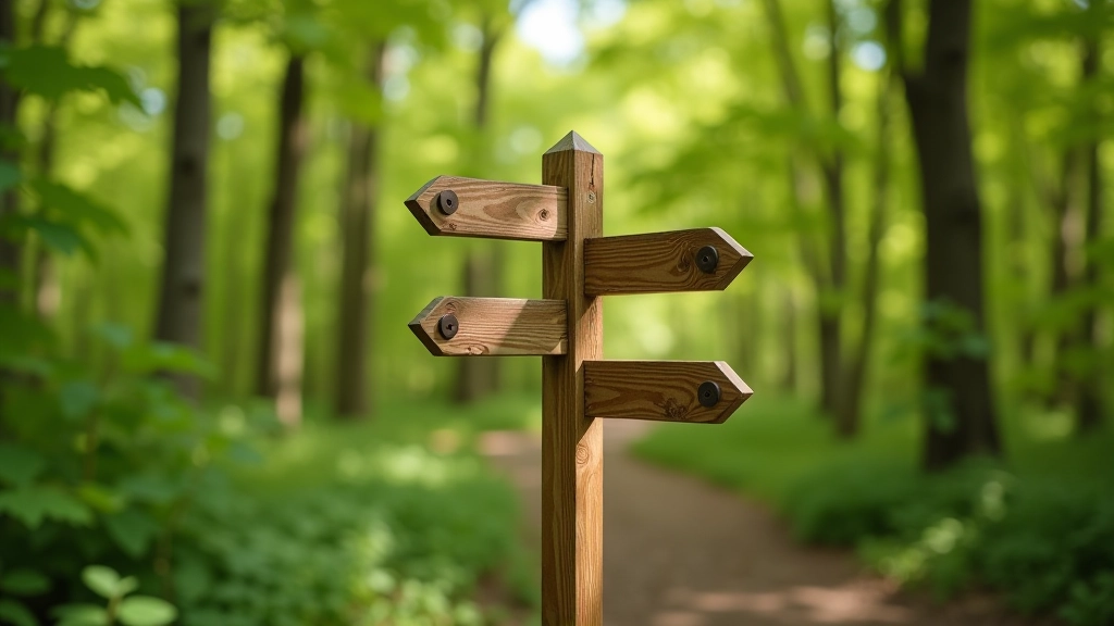 Wooden signpost at trail junction with directional arrows in natural woodland setting